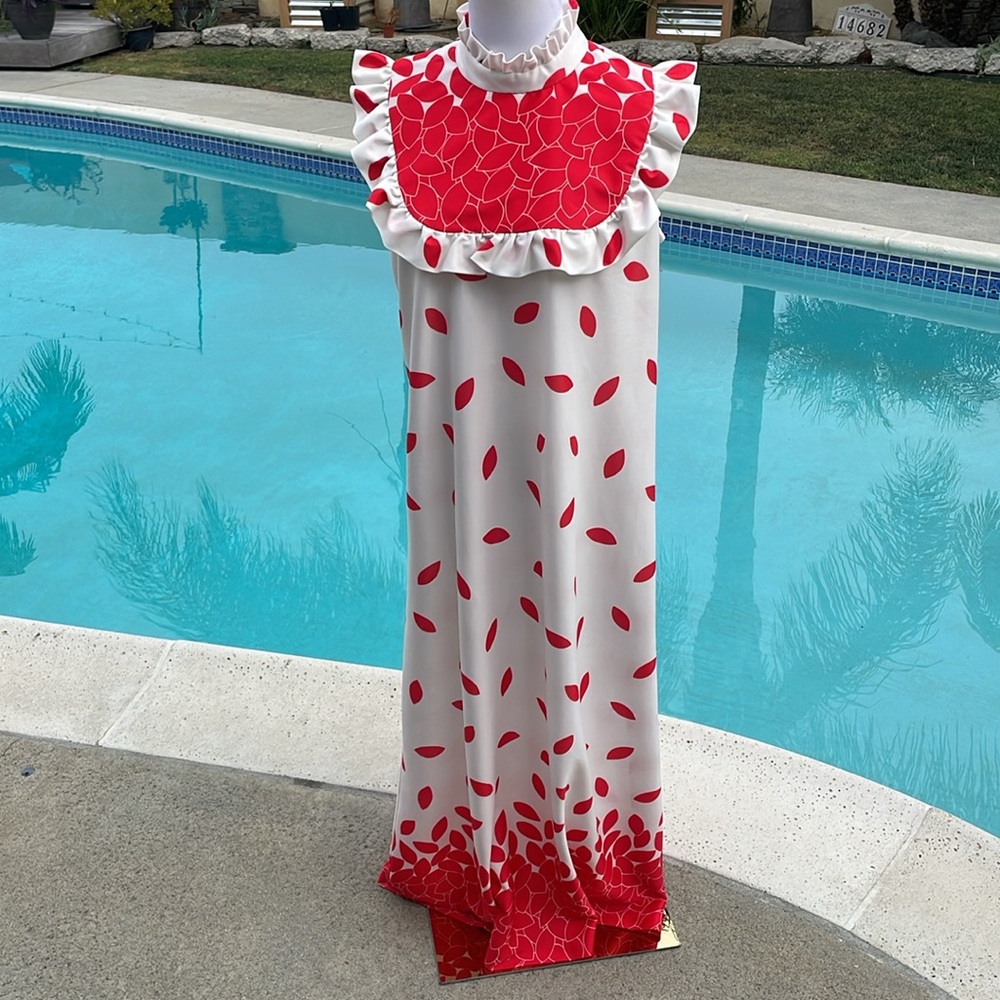 Unique handmade RED and WHITE ruffled full length dress | Size Small/Med